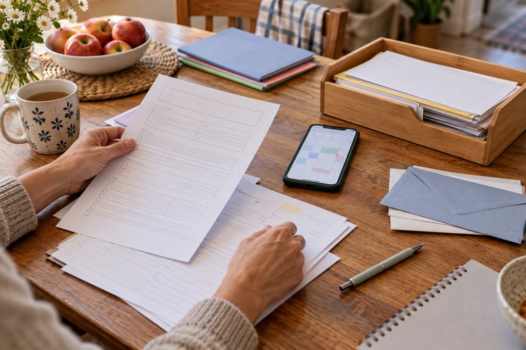 A calm family admin workspace with forms, a phone, and simple supplies