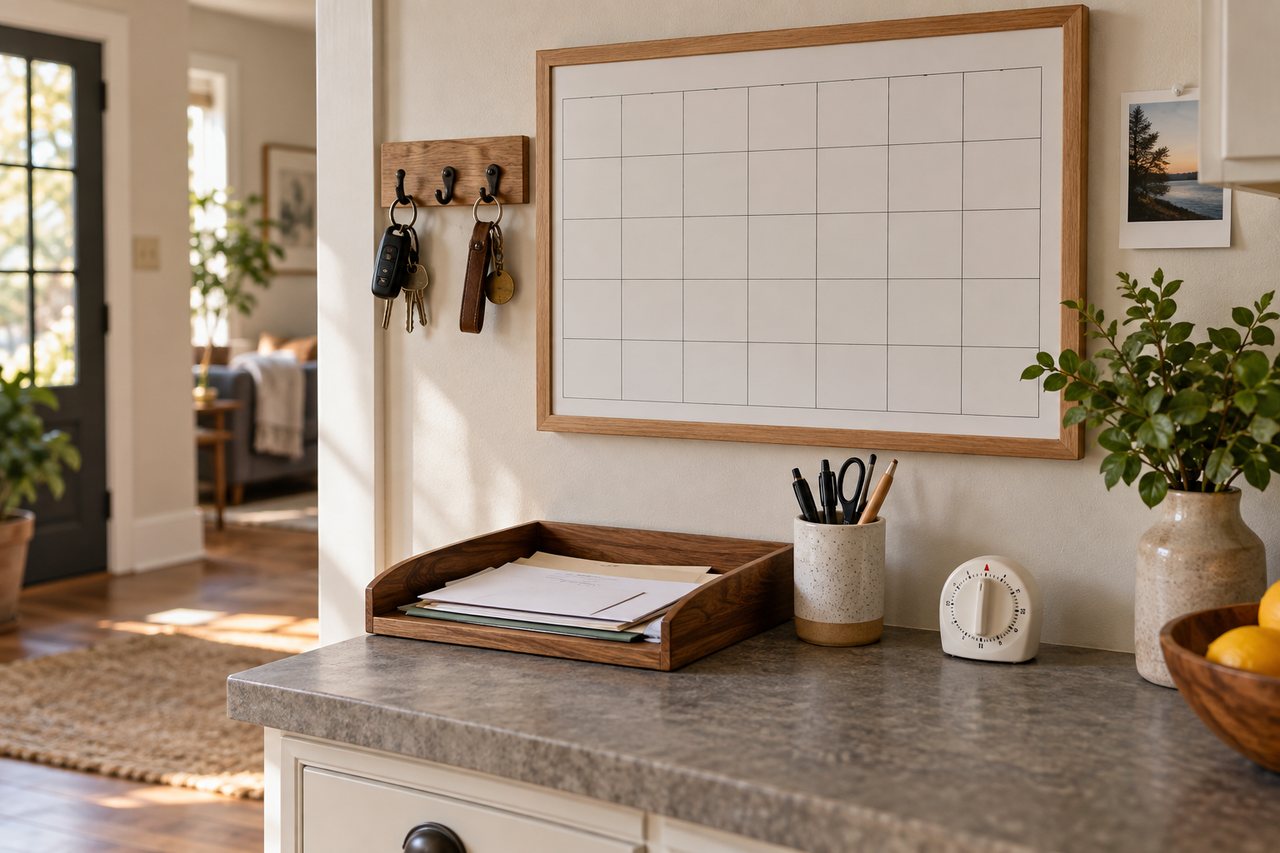 A simple family command station with a blank calendar, inbox, and timer
