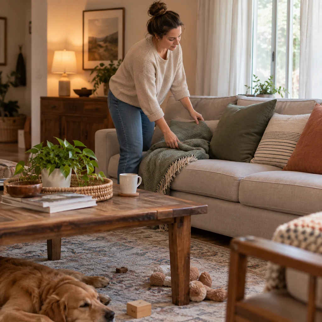 A lived-in living room refreshed with straight cushions, warm lamps and an open window