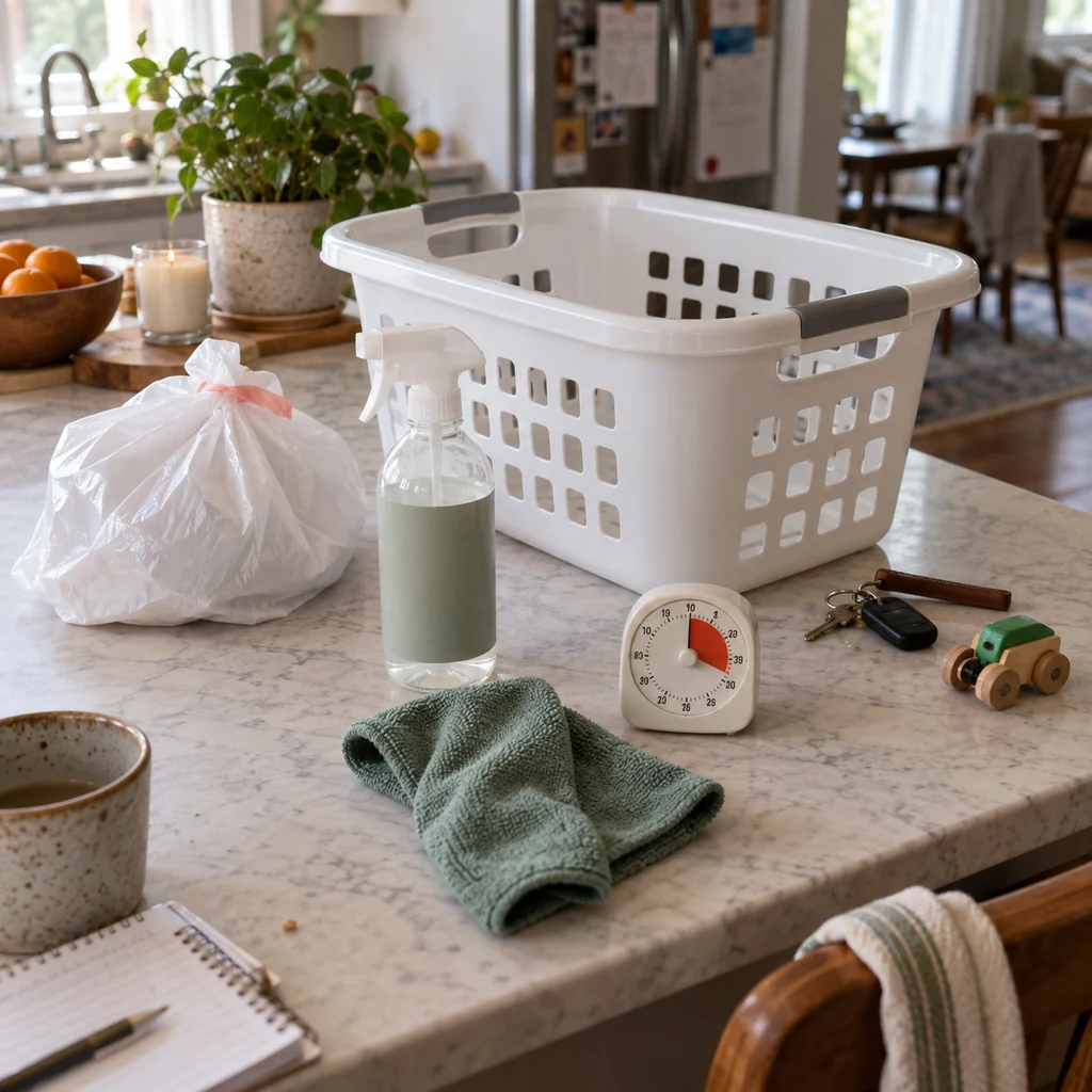 A laundry basket, trash bag, timer, cloth and cleaner ready for a twenty-minute house reset