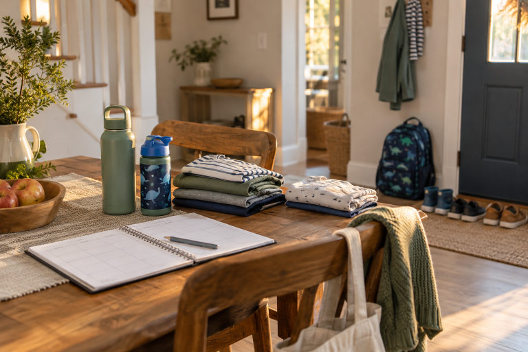A practical Sunday family reset with bags, clothes, and a weekly planner