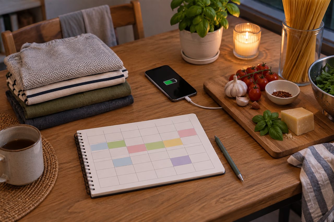 Simple weekly planner, folded laundry, easy dinner ingredients and a charging phone