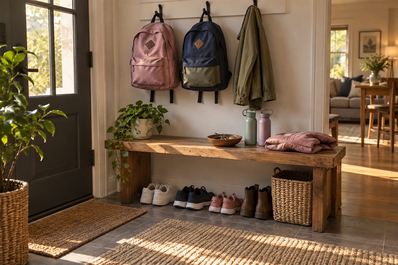 Backpacks, shoes, jackets and water bottles ready in a family entryway