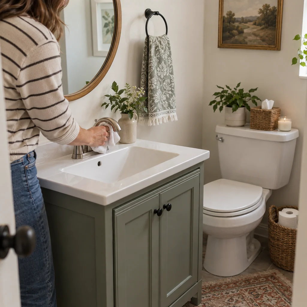 A small guest bathroom sink being wiped with a fresh hand towel nearby