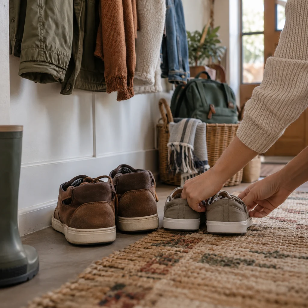 Shoes being lined up in a realistic family entryway during a quick cleanup