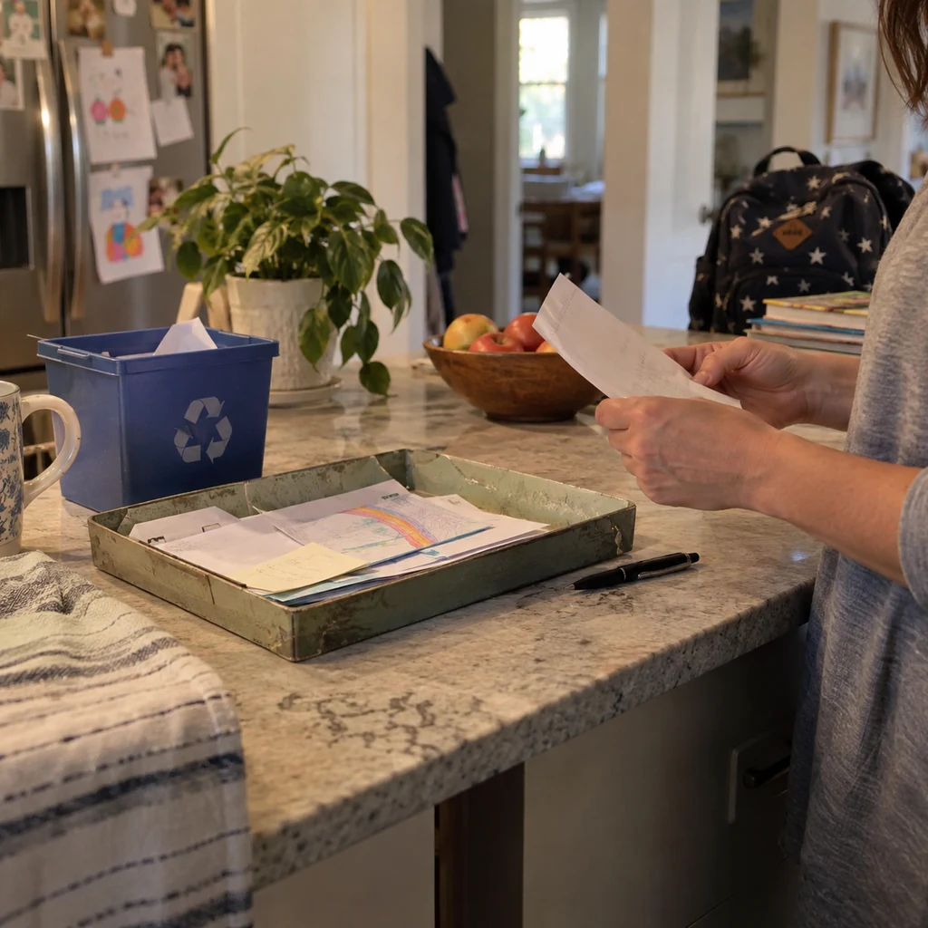 A parent reviews school papers in a repurposed shallow tray beside a recycling bin