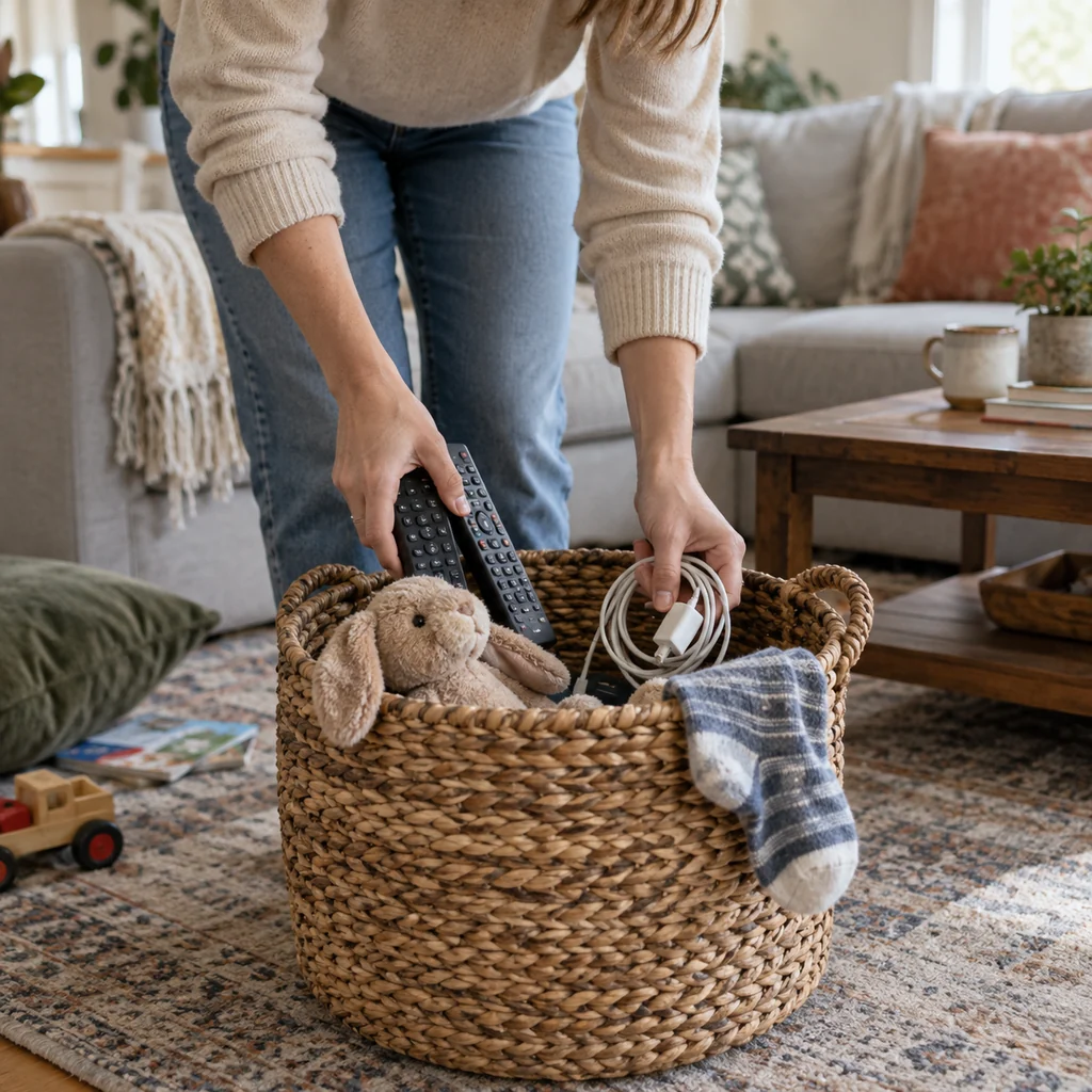 Living room clutter being gathered into one woven catch-all basket