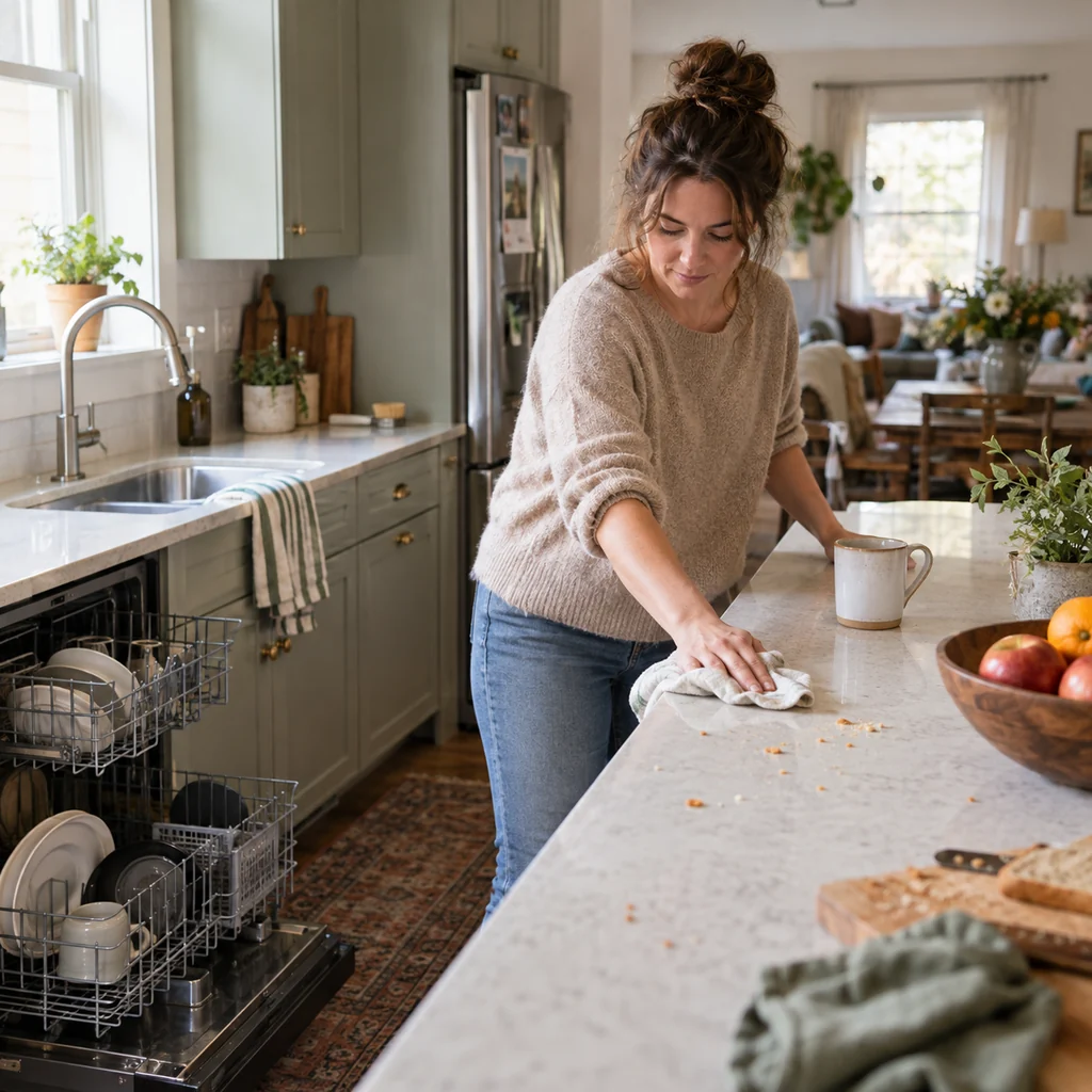 A busy mom clearing dishes and wiping crumbs during a fast kitchen reset