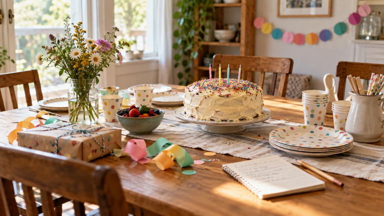Simple at-home birthday table with cake, reusable decorations and a planning notebook