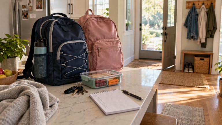 Two school backpacks, lunch container and departure checklist ready by the front door