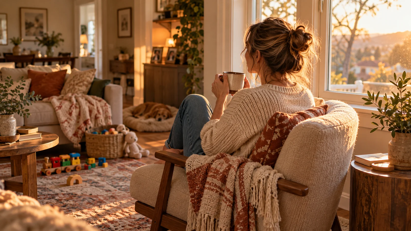 A mother enjoys a quiet cup by the window in a lived-in family room