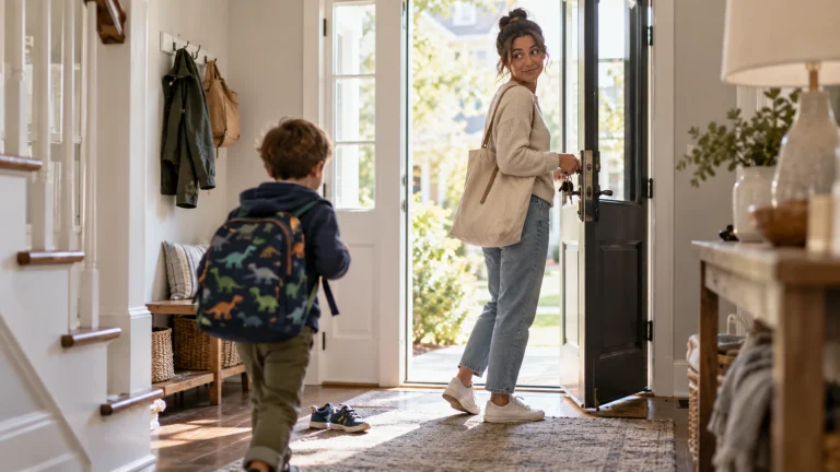 A mother with keys and a child with a backpack pause at the open front door
