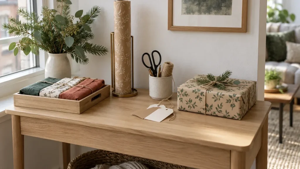 Compact gift wrapping station with a tray of reusable cloth wraps, paper roll, scissors, twine, tags, and one wrapped gift