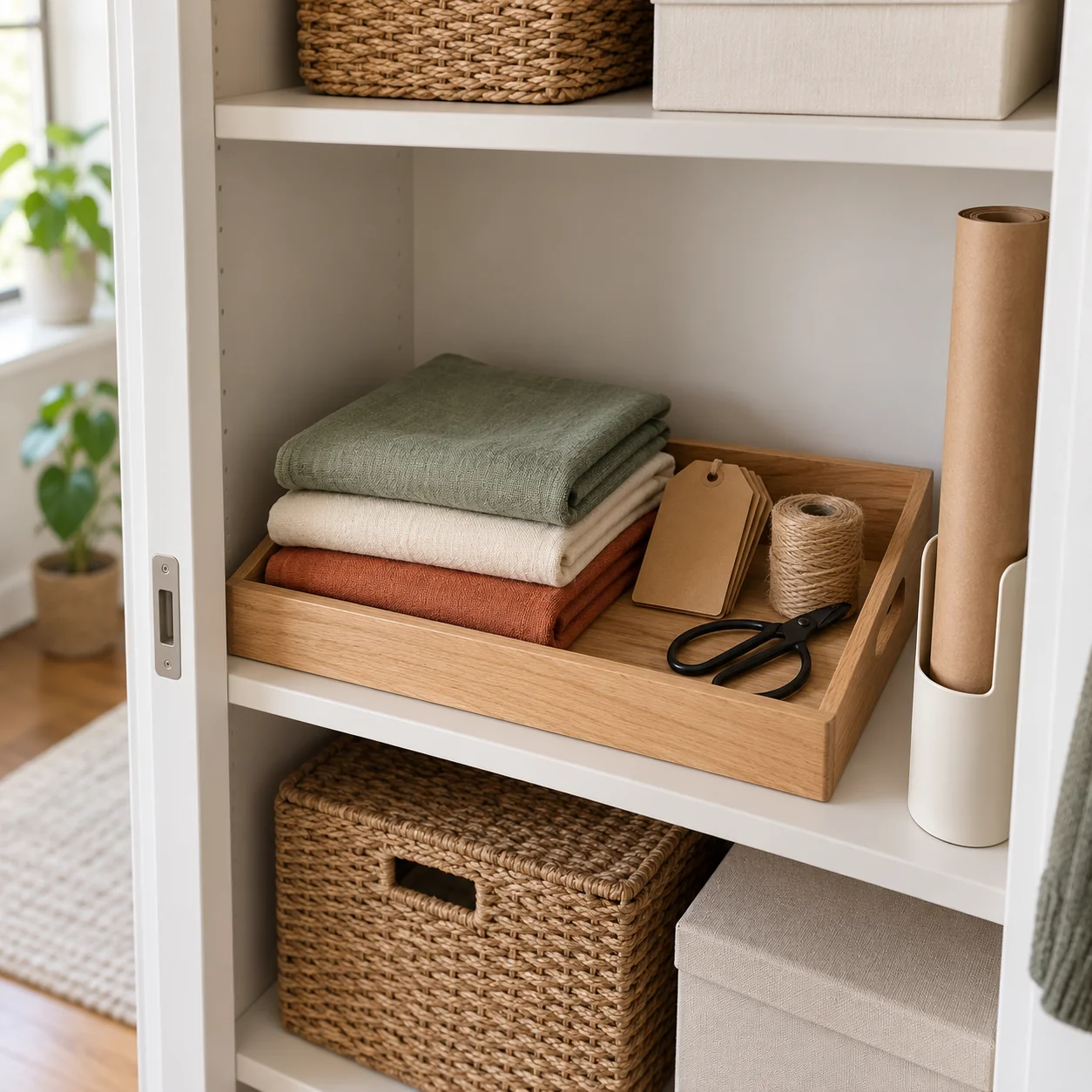 Gift wrapping tray with three folded cloths, tags, twine, and scissors stored beside an upright paper roll on a closet shelf