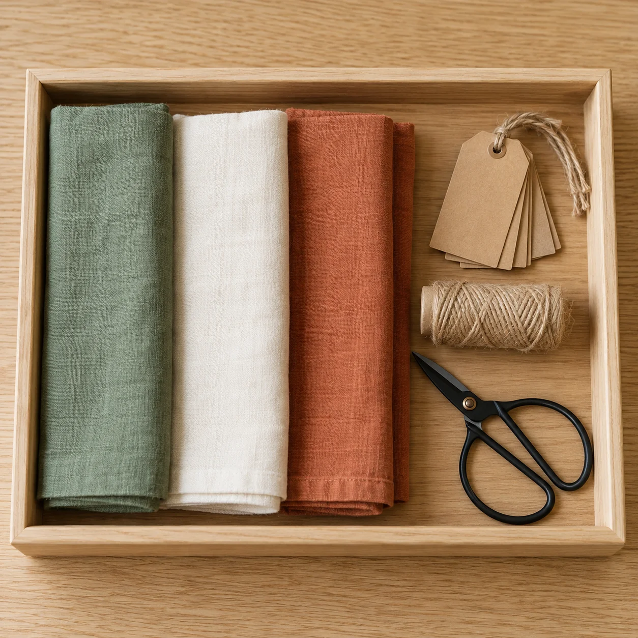 Three folded reusable wrapping cloths, blank tags, twine, and black scissors in a shallow tray