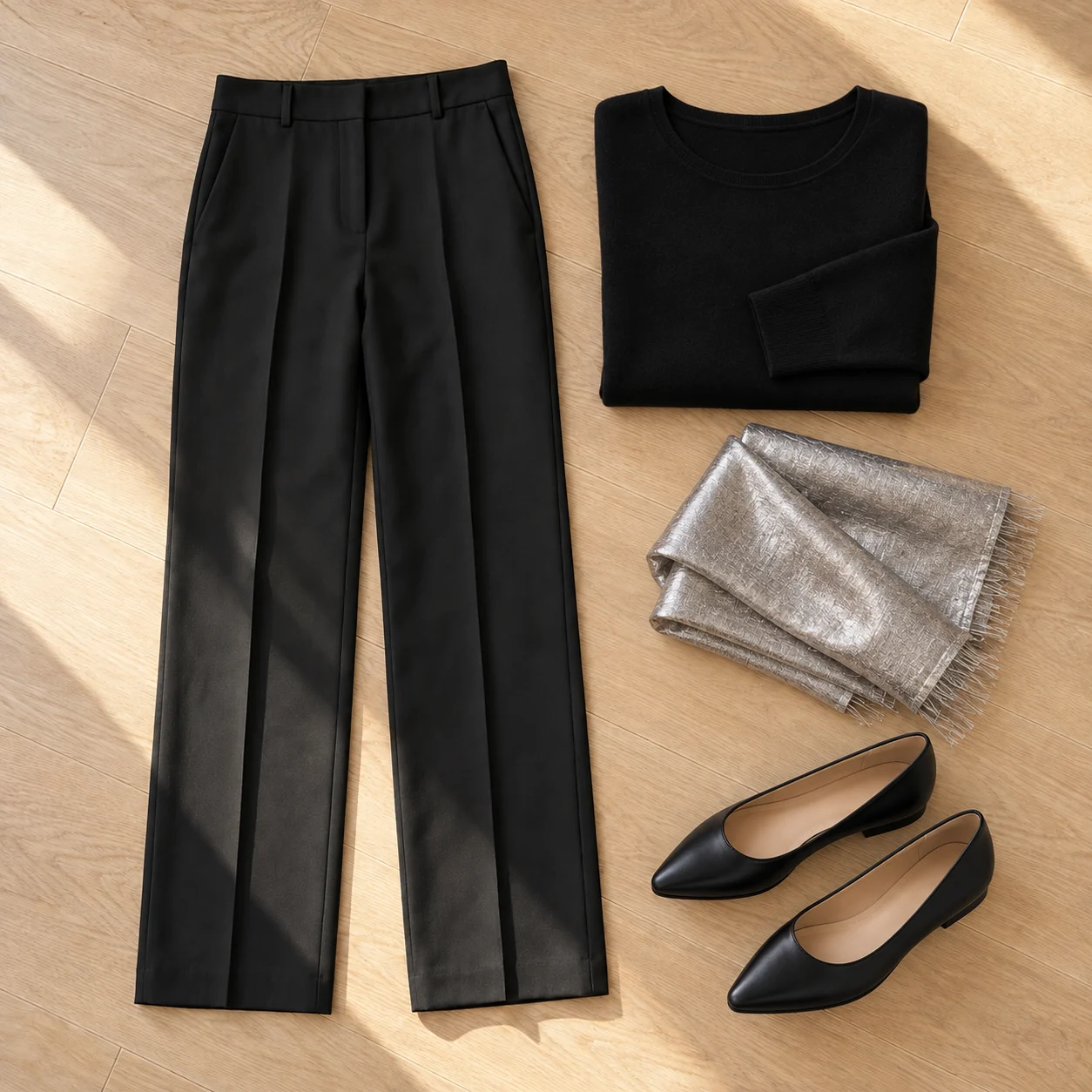 Flat-lay evening outfit with the shared black pants, dark top, silver scarf, and black flats