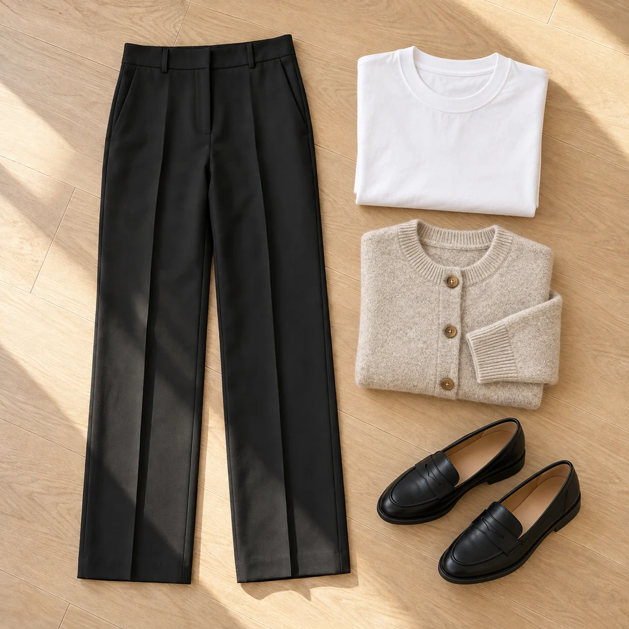 Flat-lay family dinner outfit with the shared black pants, white top, textured cardigan, and loafers