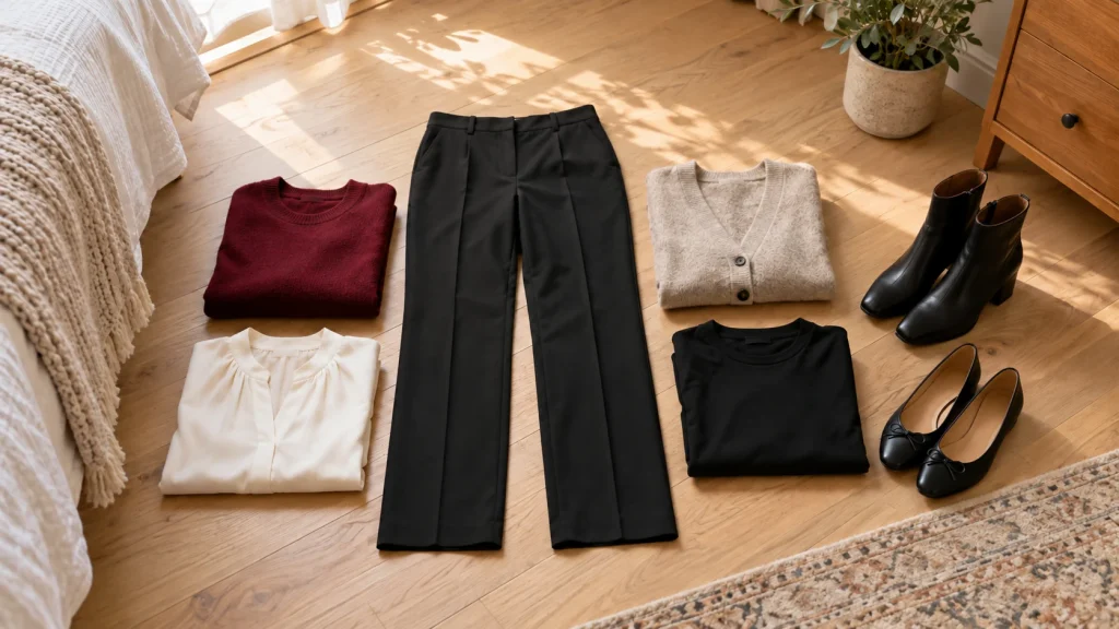 Four tops and two shoe choices arranged around one pair of black trousers on a wood floor.