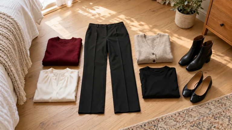 Four tops and two shoe choices arranged around one pair of black trousers on a wood floor.