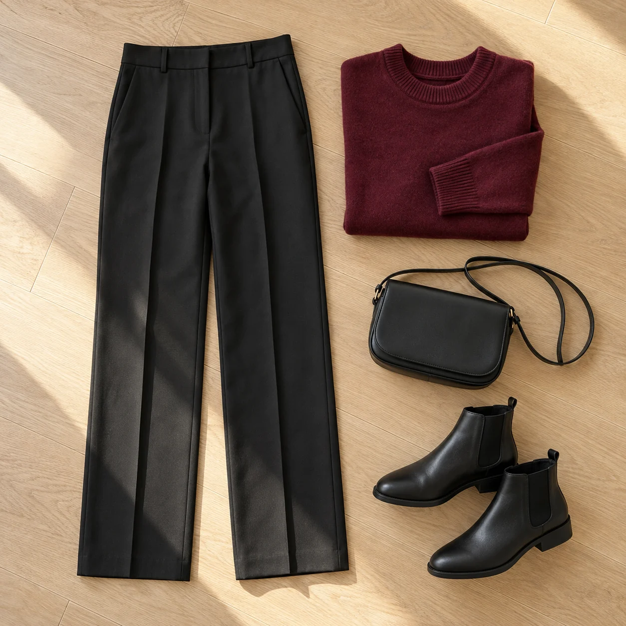 Flat-lay school concert outfit with the shared black pants, burgundy knit, flat boots, and crossbody bag
