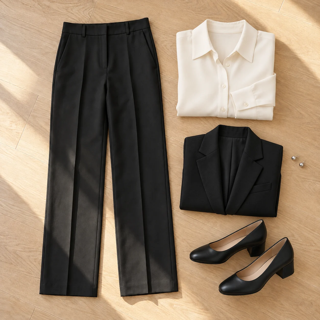 Flat-lay work gathering outfit with the shared black pants, cream blouse, blazer, low heels, and simple earrings