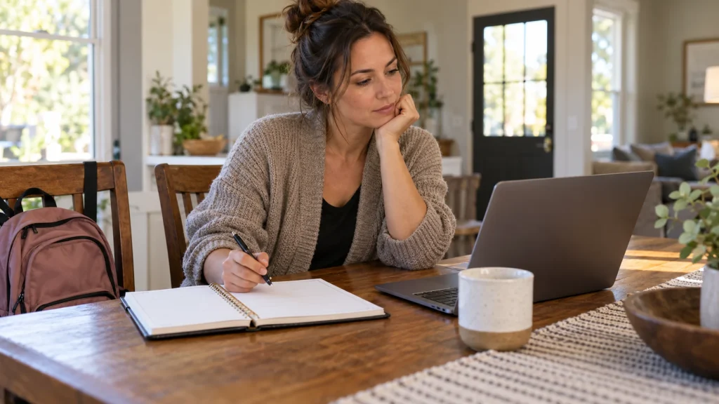 A mother compares her planner with a remote job on a laptop at a lived-in dining table