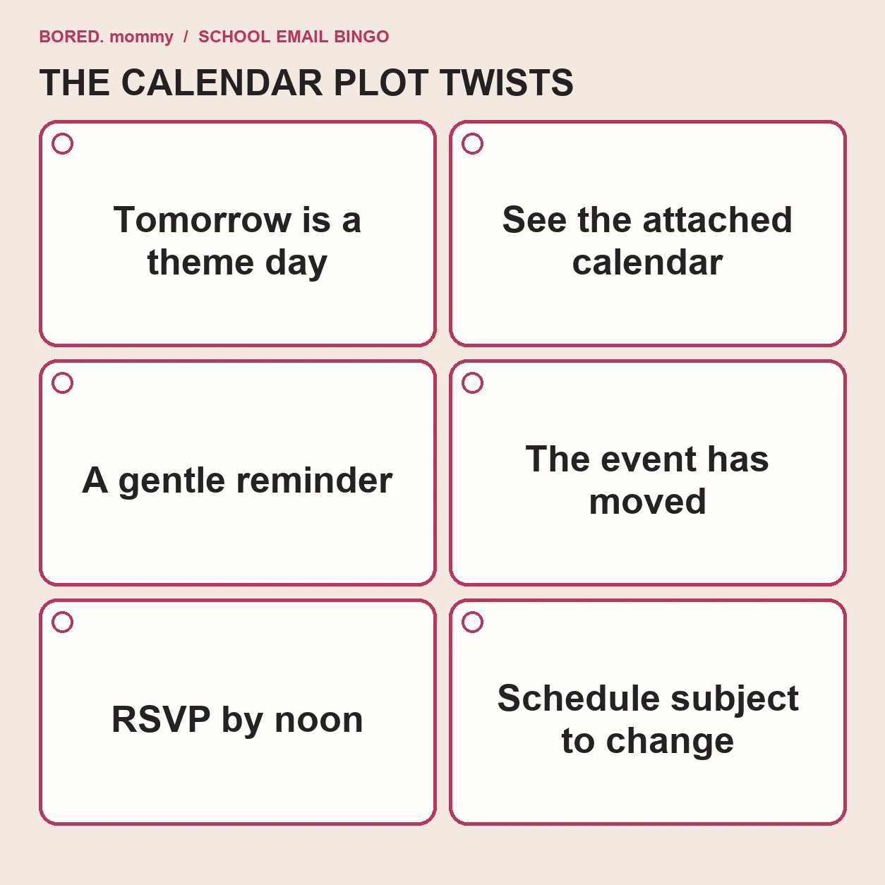 School Email Bingo mini card with six calendar-related messages