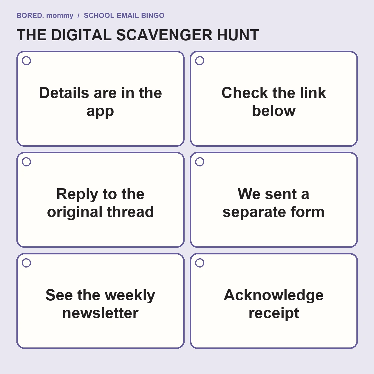 School Email Bingo mini card with six school-app and message messages