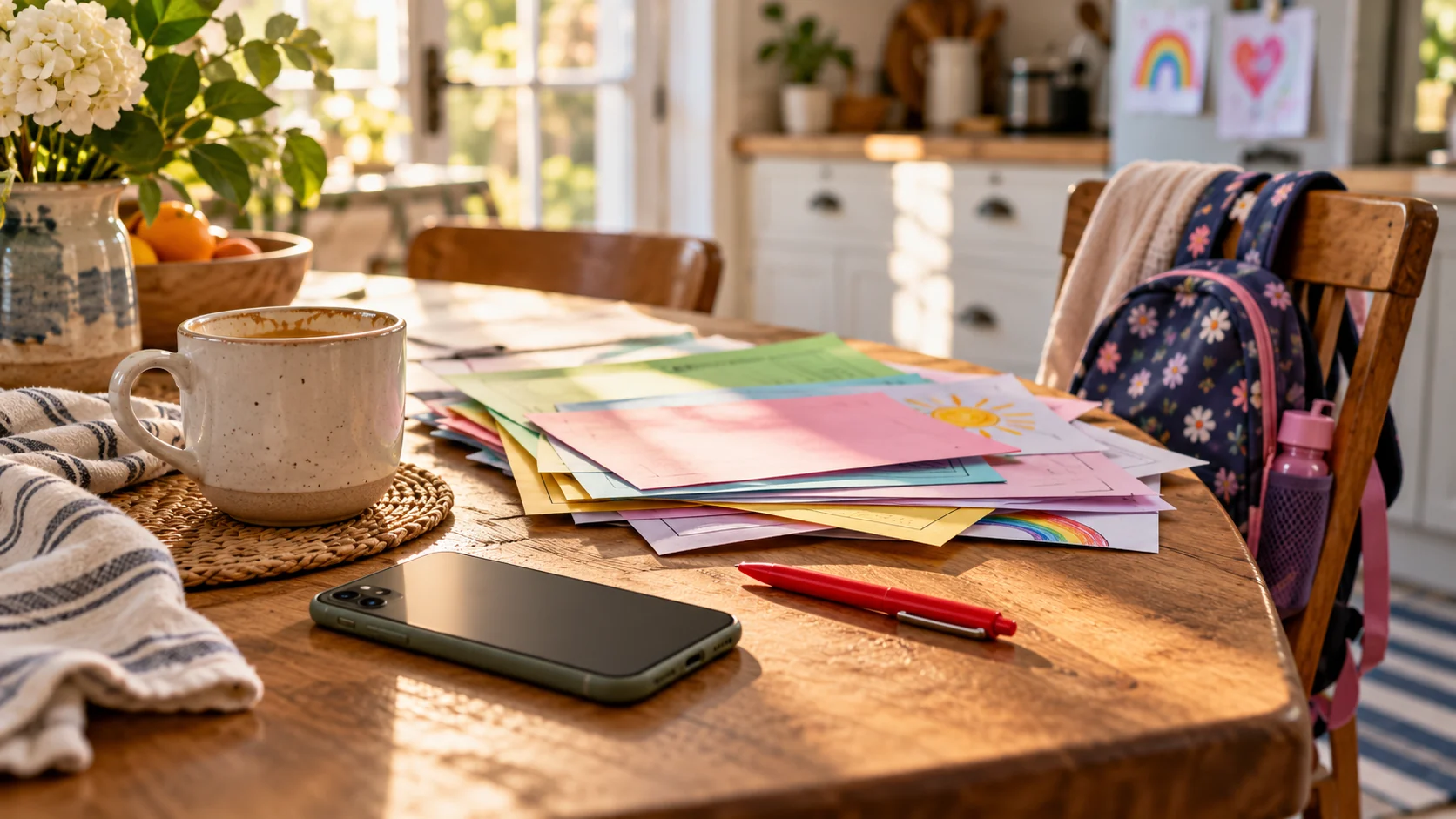 Coffee, phone and colorful school papers on a lived-in kitchen table beside a backpack
