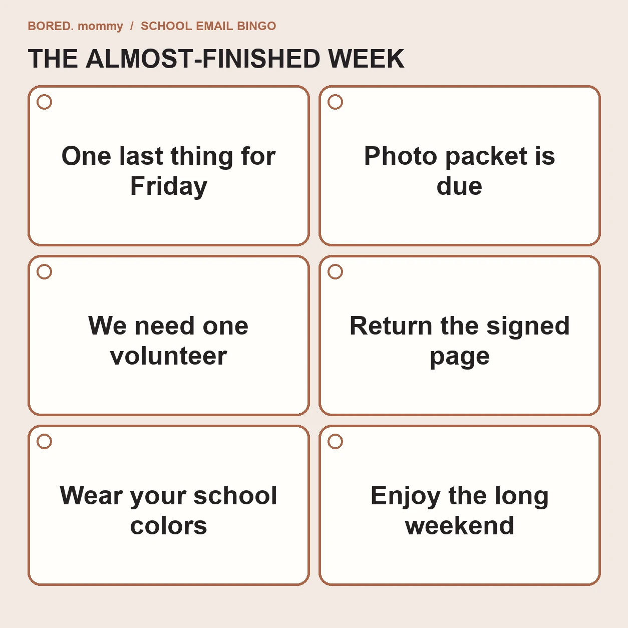 School Email Bingo mini card with six end-of-week school messages