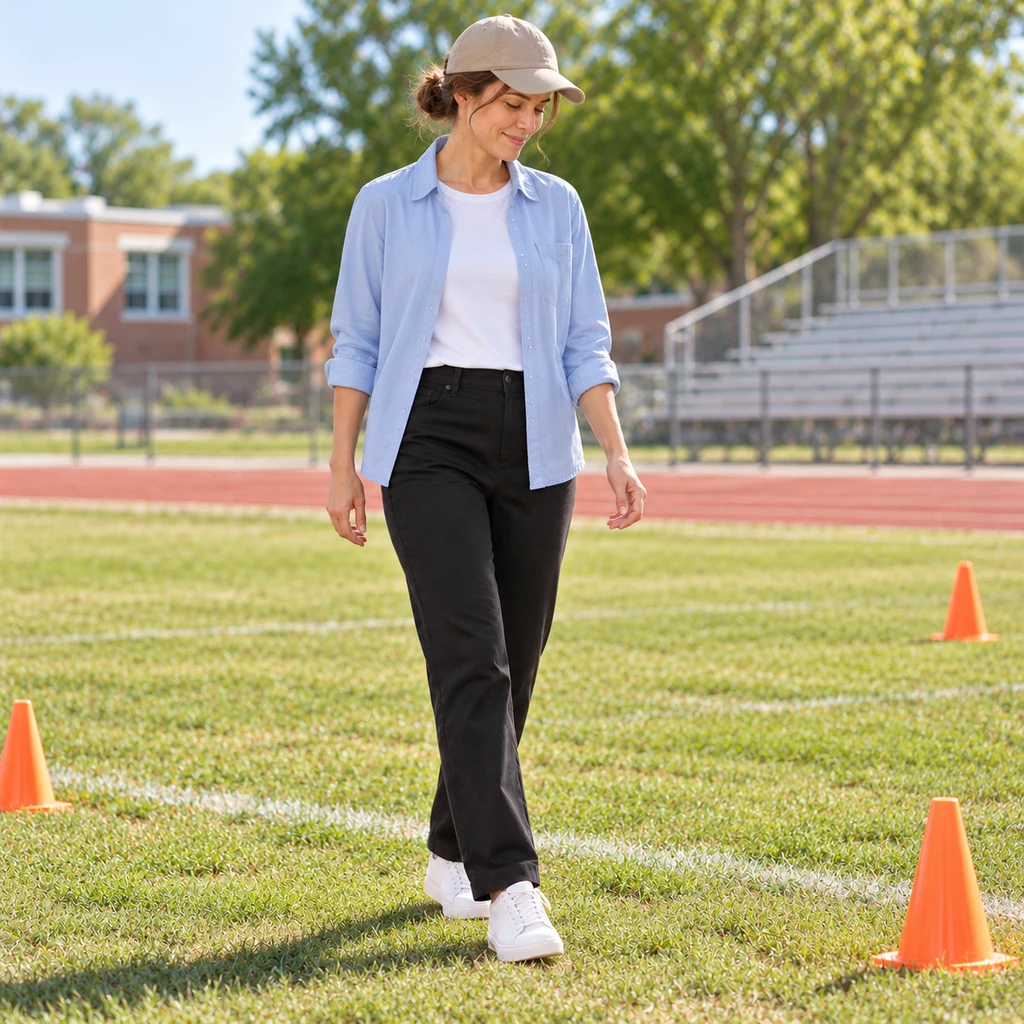 A parent volunteer in black pants, white tee, open pale-blue long-sleeve shirt, plain cap and white sneakers on an empty school field