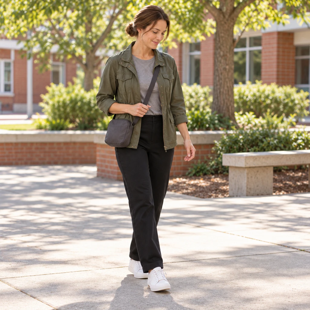 A parent volunteer in black pants, a gray tee, olive lightweight jacket, crossbody bag and white sneakers in a school courtyard