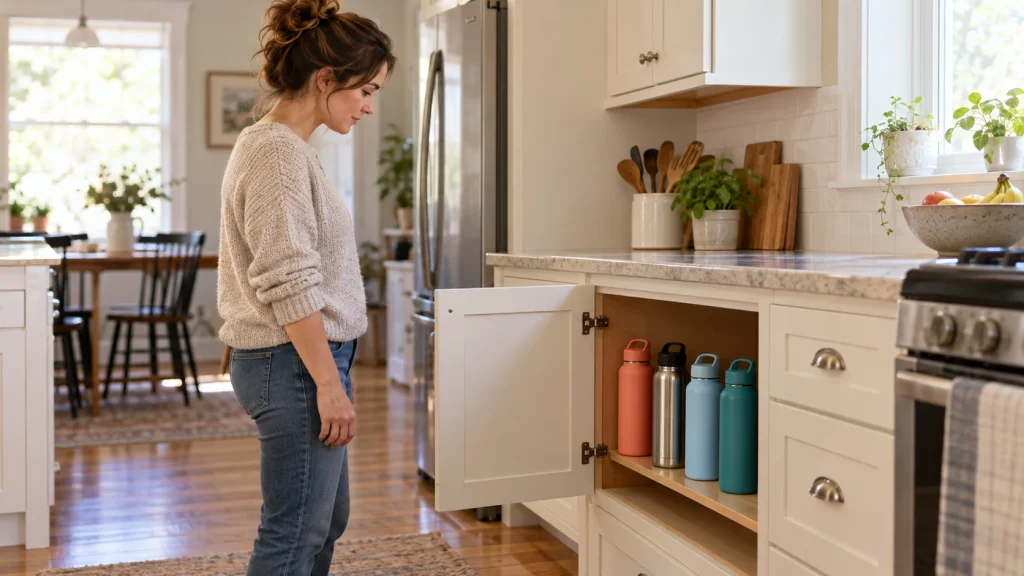 A mother looks at four reusable water bottles in an open kitchen cabinet